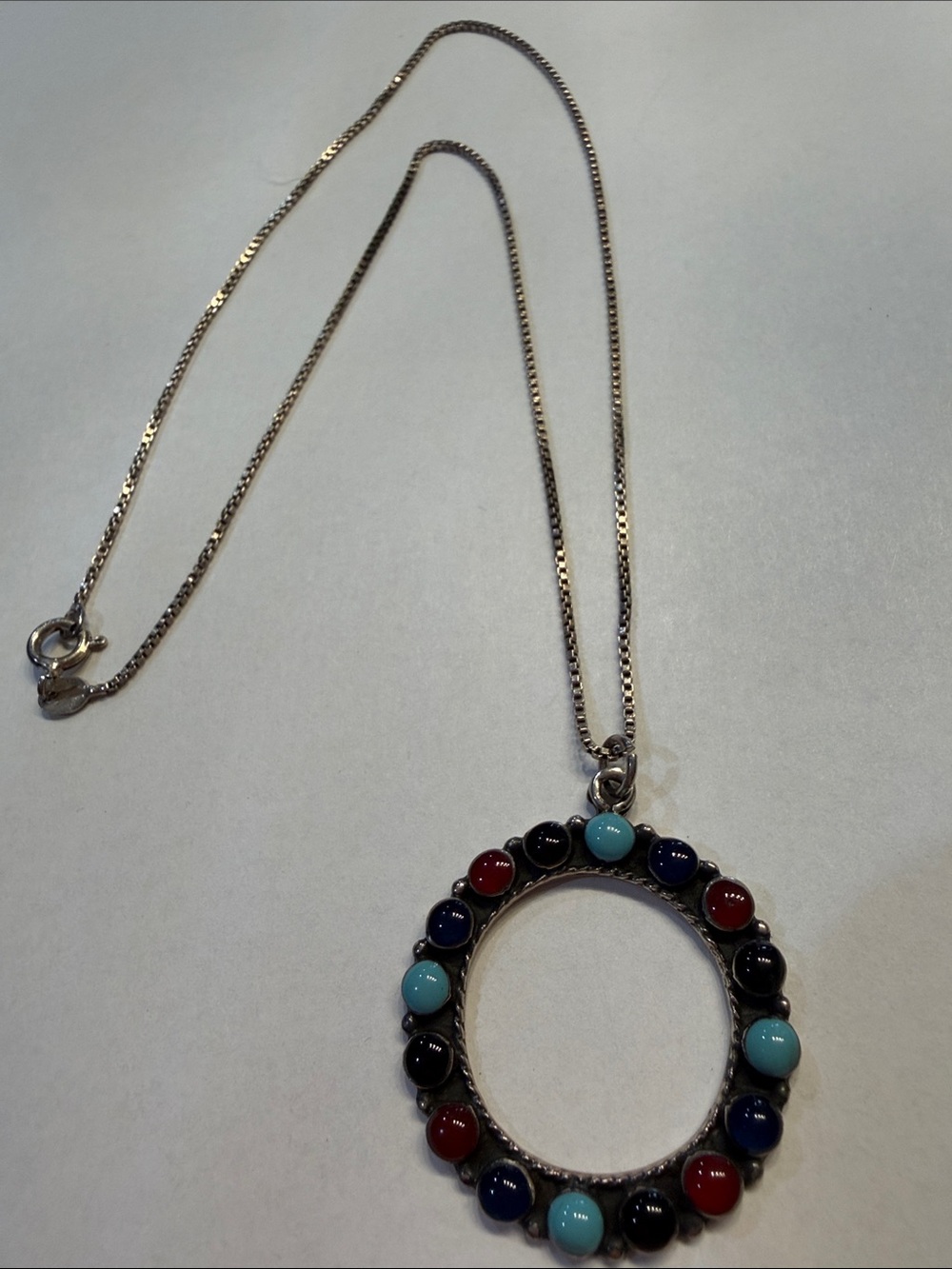 Sterling Silver 925  Multicolor Stone Oval Pendant Necklace - Women Jewelry.